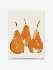 Three vibrant orange pear botanical art prints with green stems on a cream background, displayed as wall art.