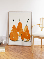 Three vibrant orange pear botanical art prints with green stems on a cream background, displayed as wall art. - Image 2