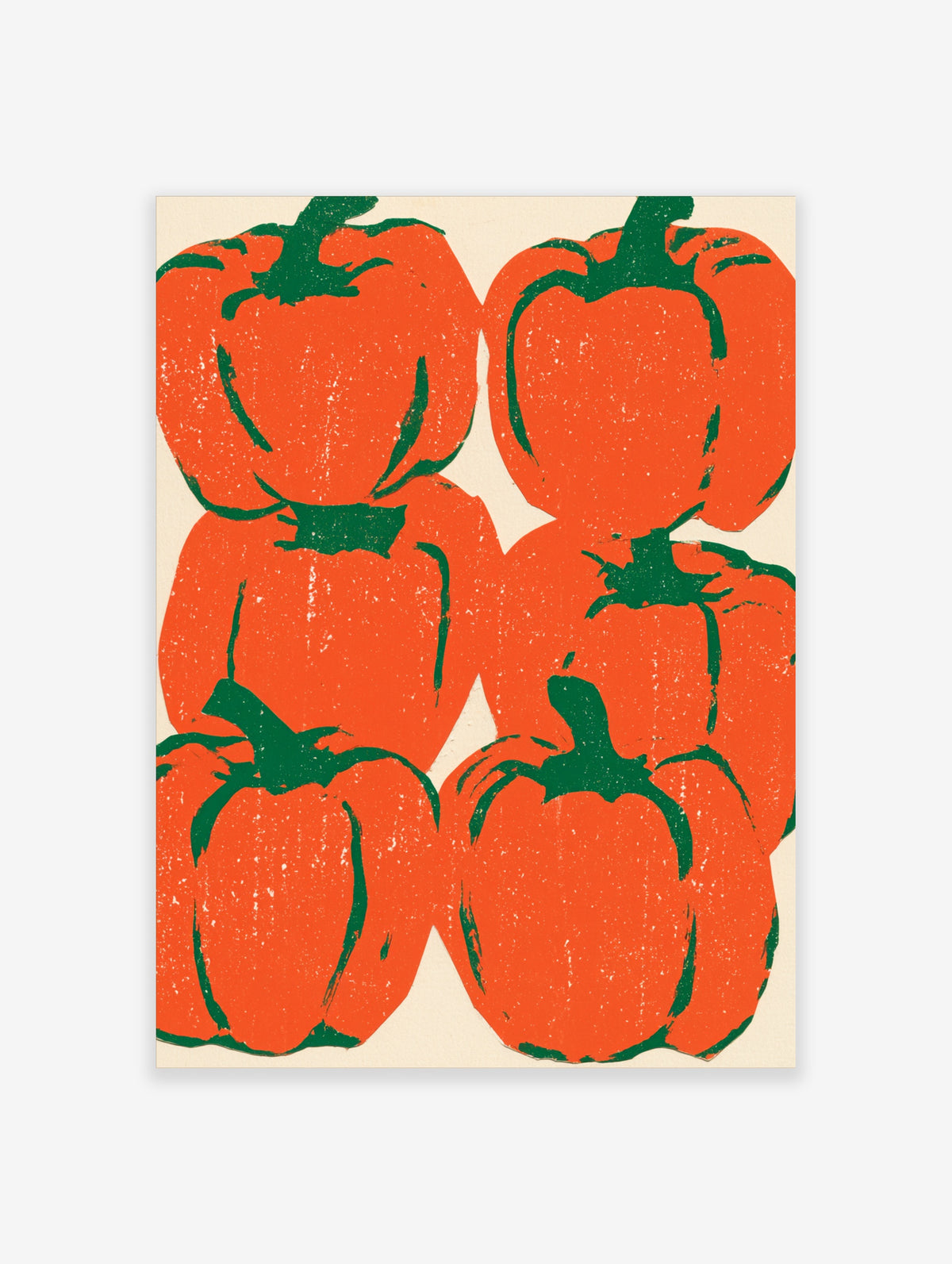 Orange pepper art print with four block-printed capsicums in orange and green on a cream background