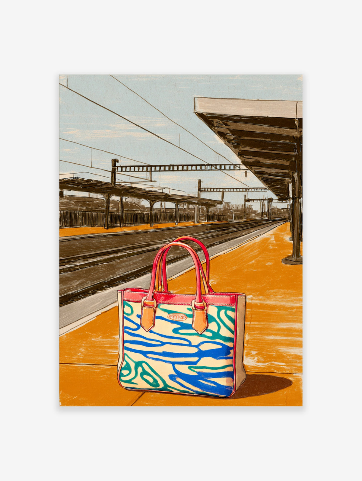 Colourful tote bag with blue and green patterns on an orange train platform, modern illustration print