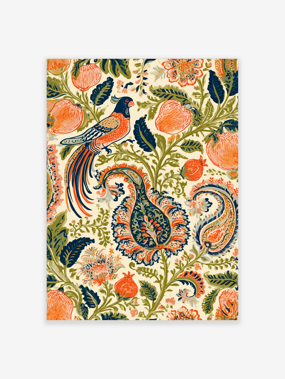Orange bird and pomegranate botanical pattern art print on cream background