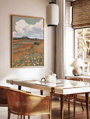 Illustrative art print of an orange poppy field with green grass, distant mountains, and clouds under a sage green sky. - Image 2