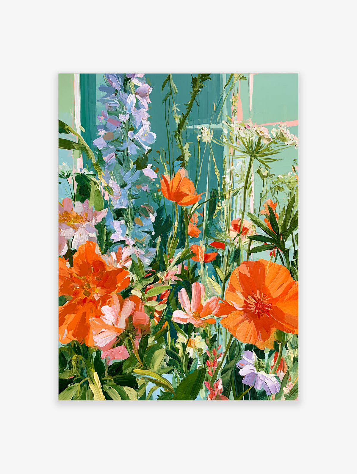 Orange poppy flower poster with pink and blue blooms on a teal background
