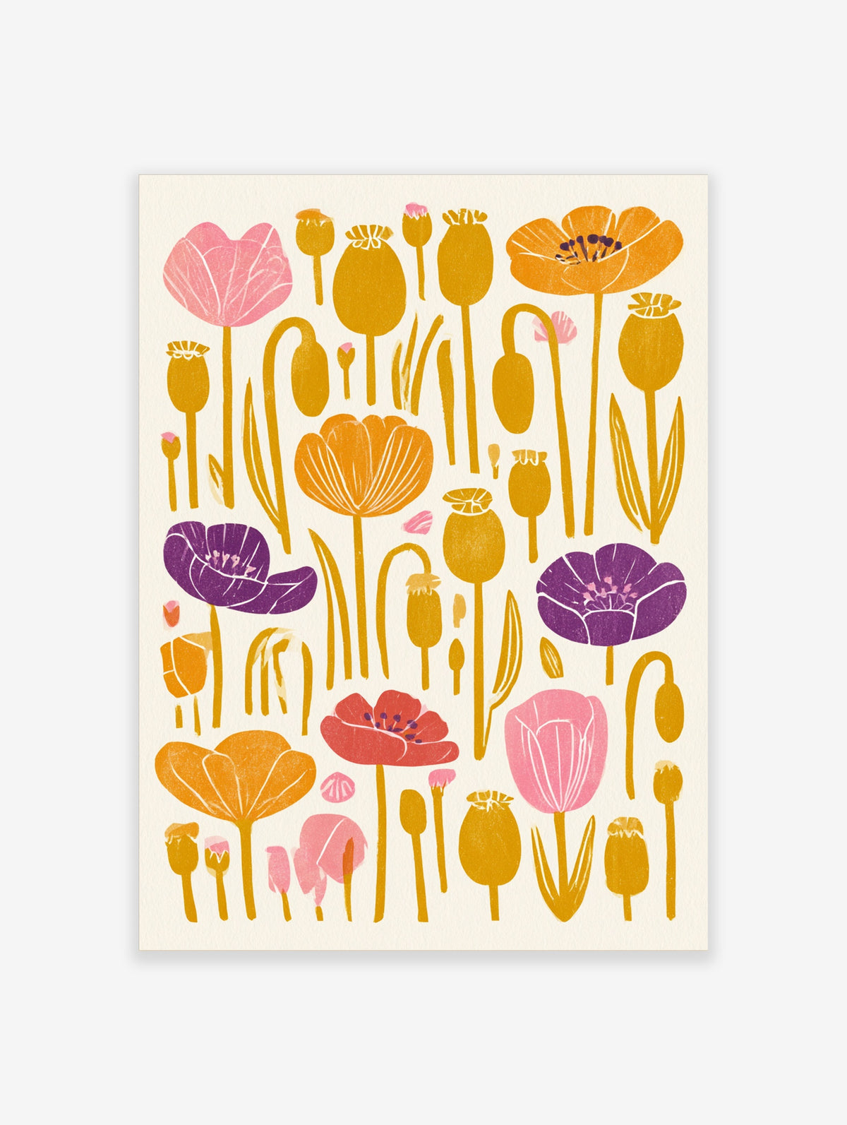 Orange and purple poppy flower art print with stylised stems and seed pods on cream background