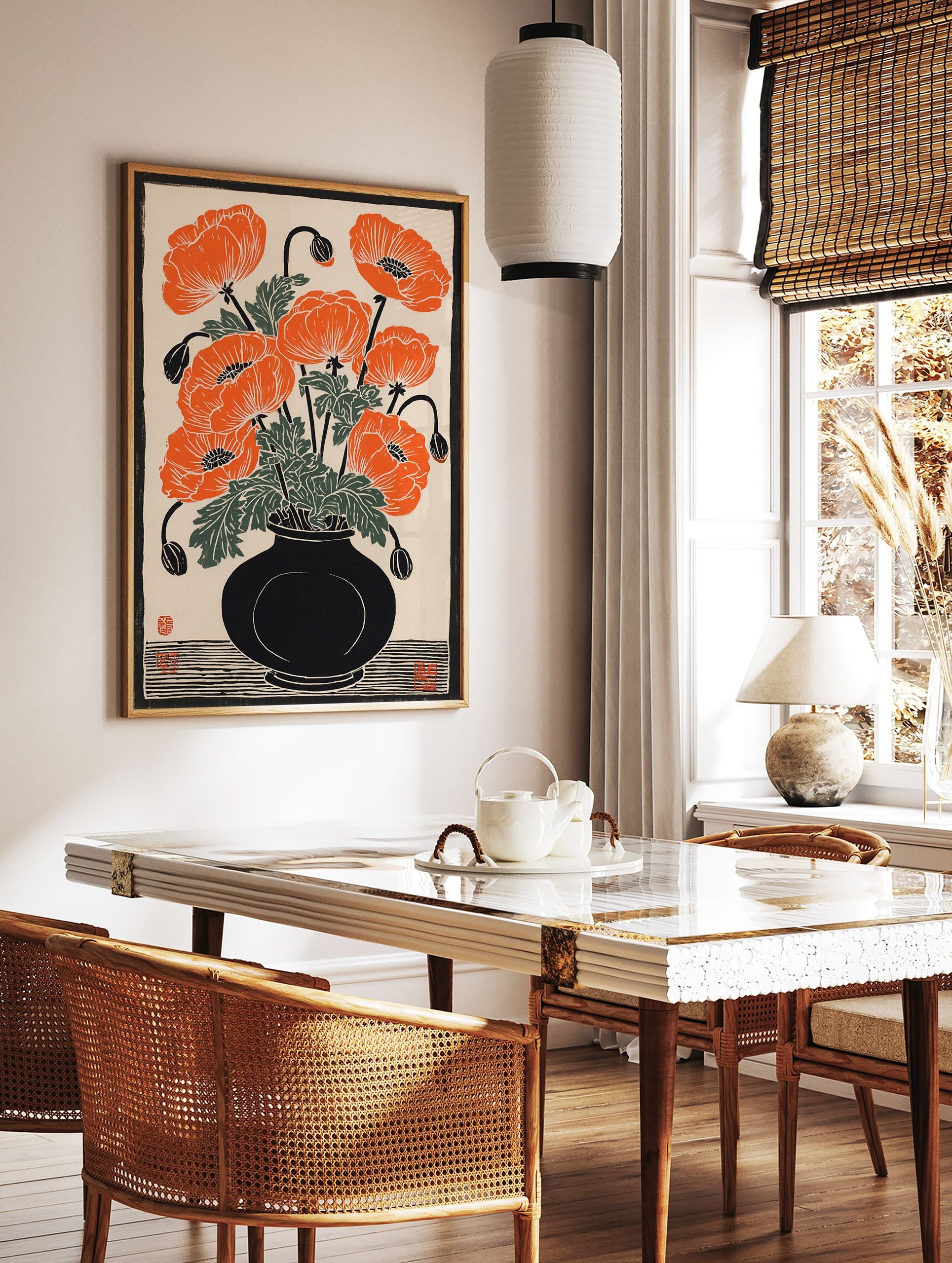 Vibrant orange poppy flowers in a black vase, depicted in a woodcut style botanical art print on a cream background. - Image 3