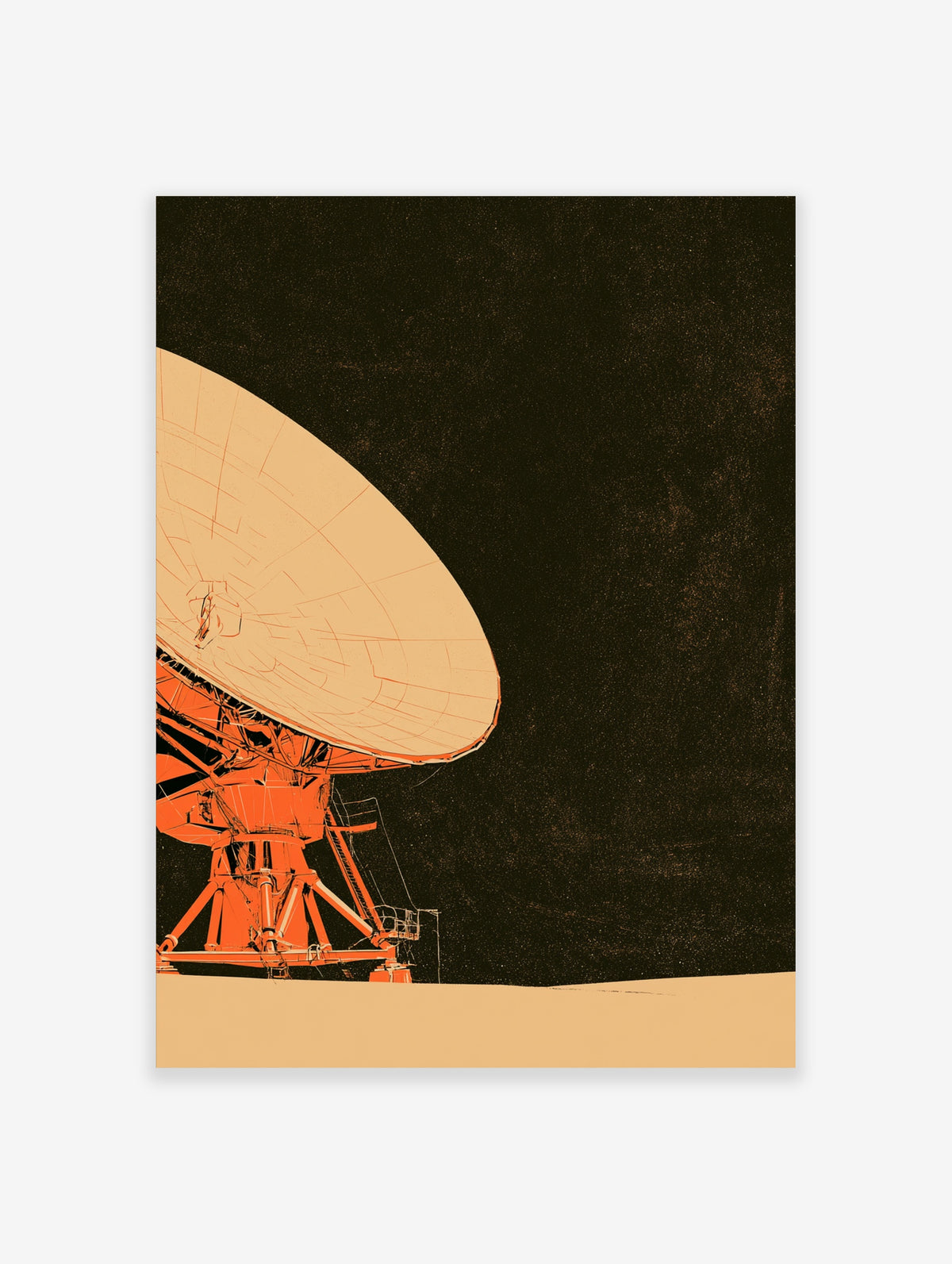 Orange radio telescope dish antenna against a dark starry sky, retrofuturist space poster