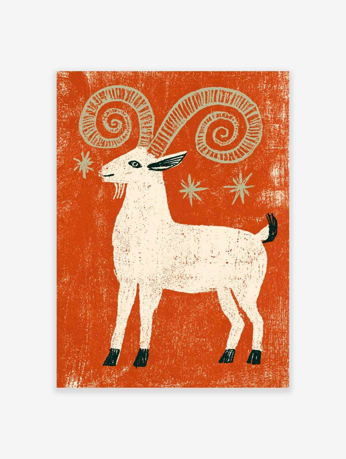 Orange ram wall art print with cream ram, spiral horns, and star motifs on orange background
