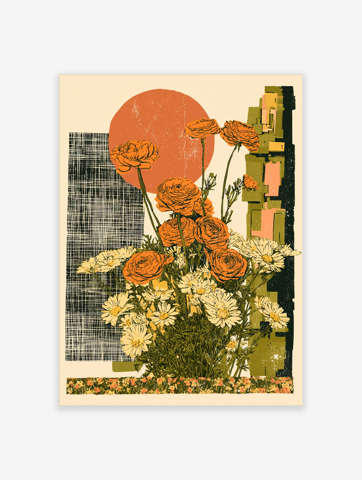 Orange ranunculus and white daisy flower poster with retro sun and abstract green blocks