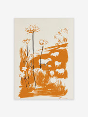 Minimalist illustrative print of white sheep and tall orange flowers in an orange field on a cream background