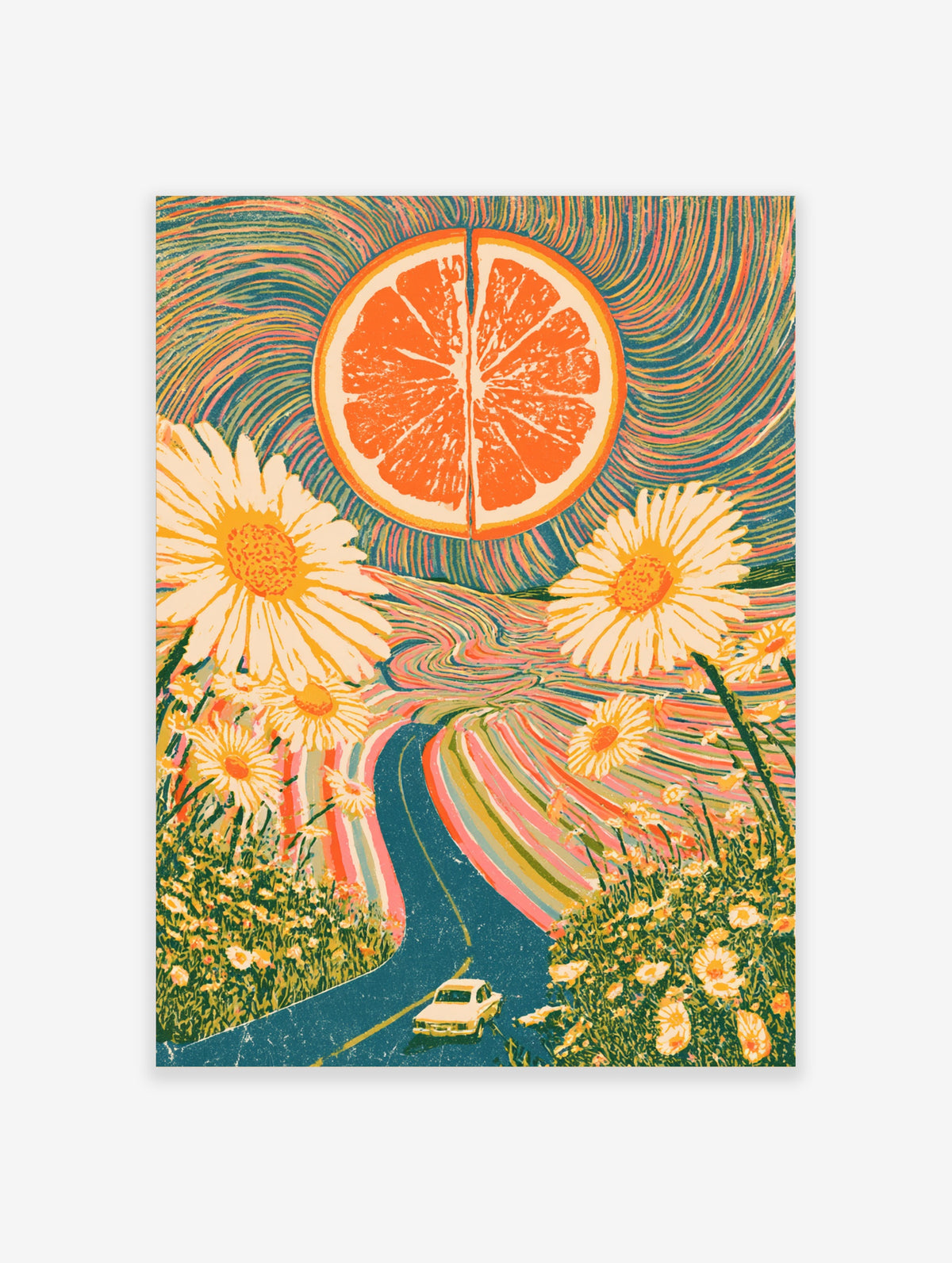 Retro psychedelic art print of a sliced orange sun, daisies, winding blue road and white car