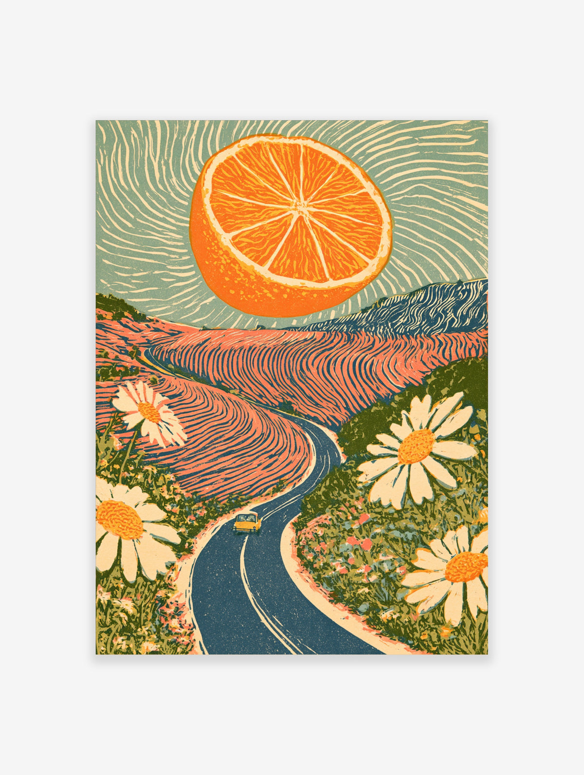 Surreal orange slice poster with winding blue road, yellow car, and white daisies in a retro landscape