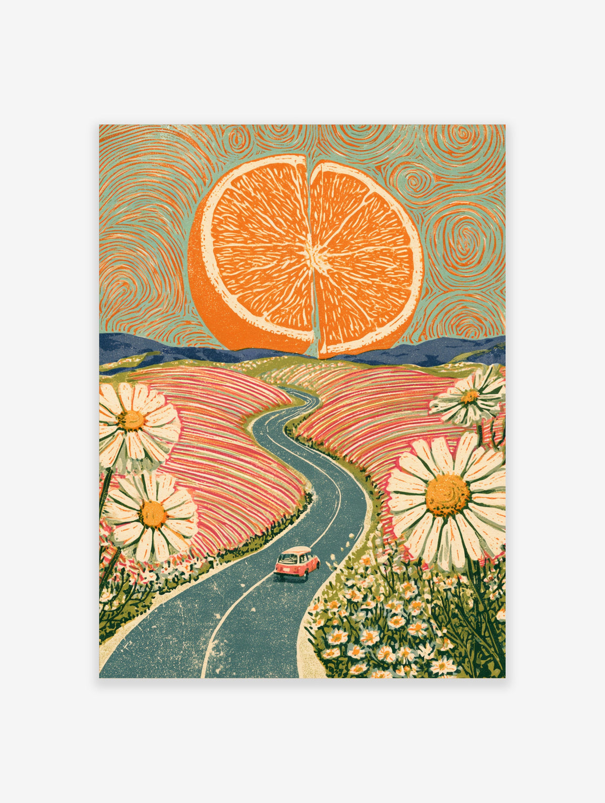 Surreal landscape print of a giant orange slice sun over a winding road with pink fields and daisies