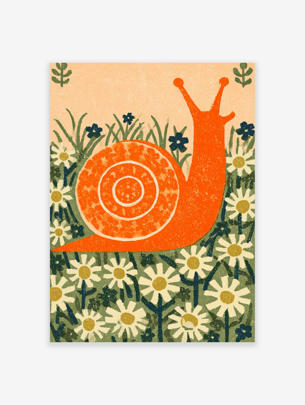 Orange snail illustration with patterned shell and white daisy flowers on a textured peach background