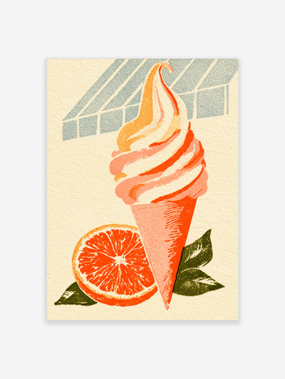 Retro orange soft serve ice cream poster with citrus slice and green leaves on cream background