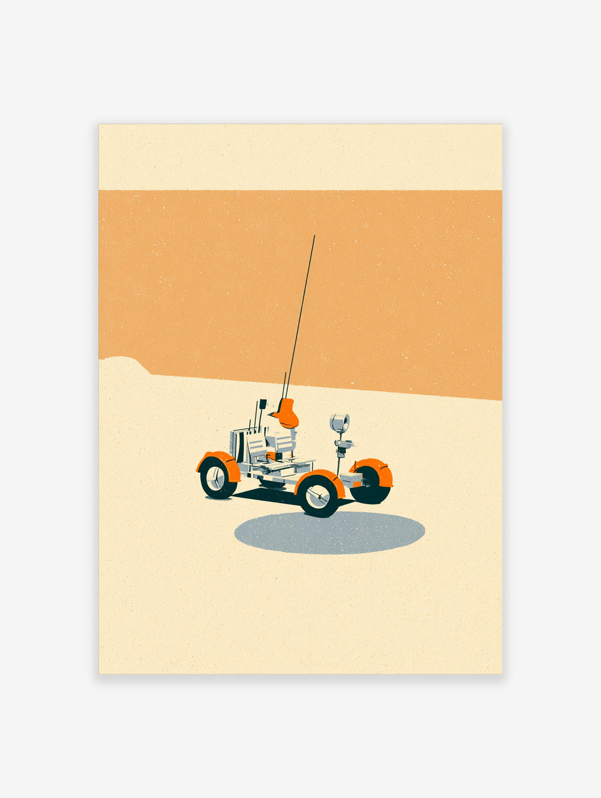 Retro space rover illustration with orange wheels, antenna, and camera on cream desert background art print
