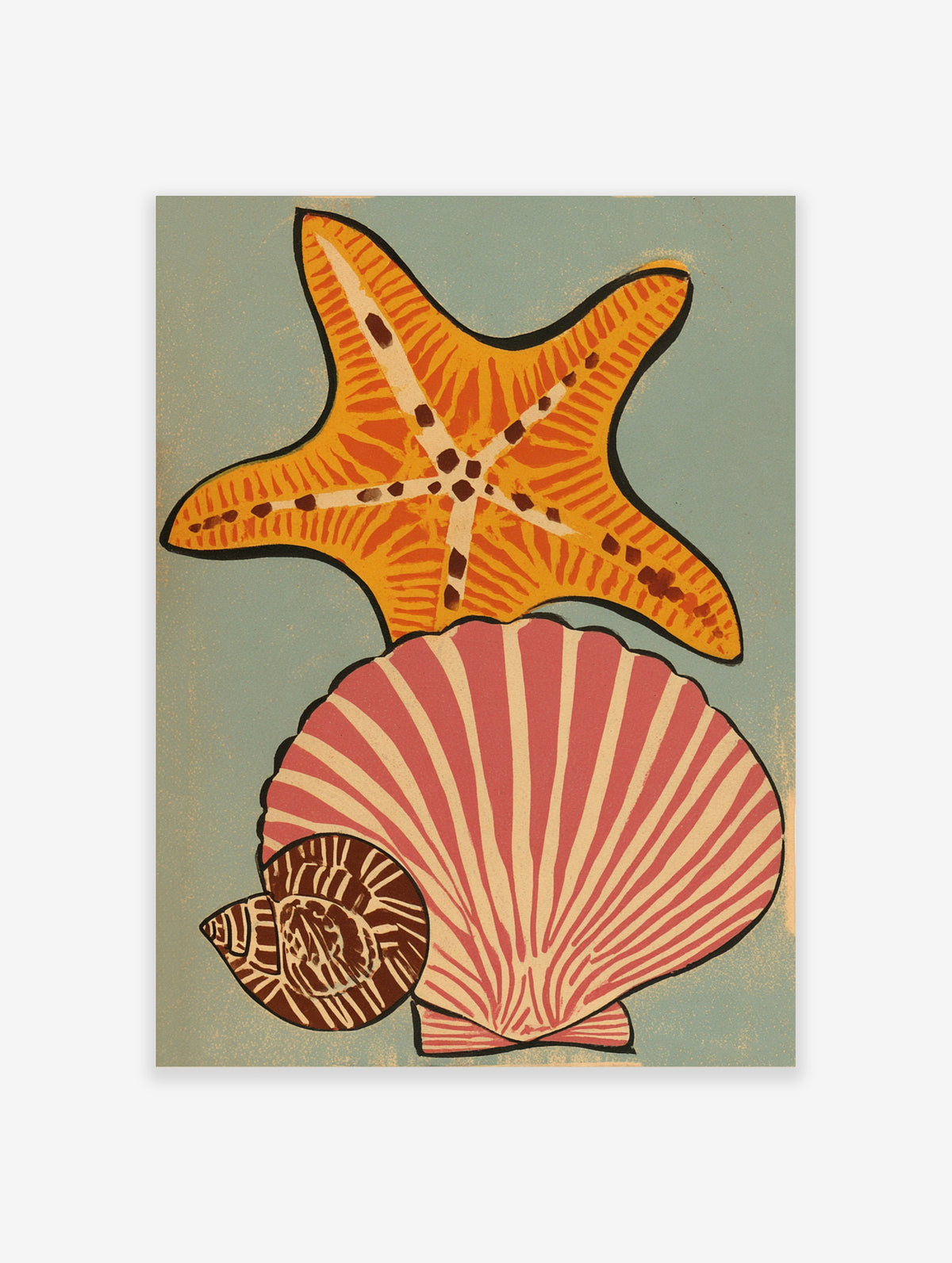 Orange starfish and pink shell coastal art print on teal background