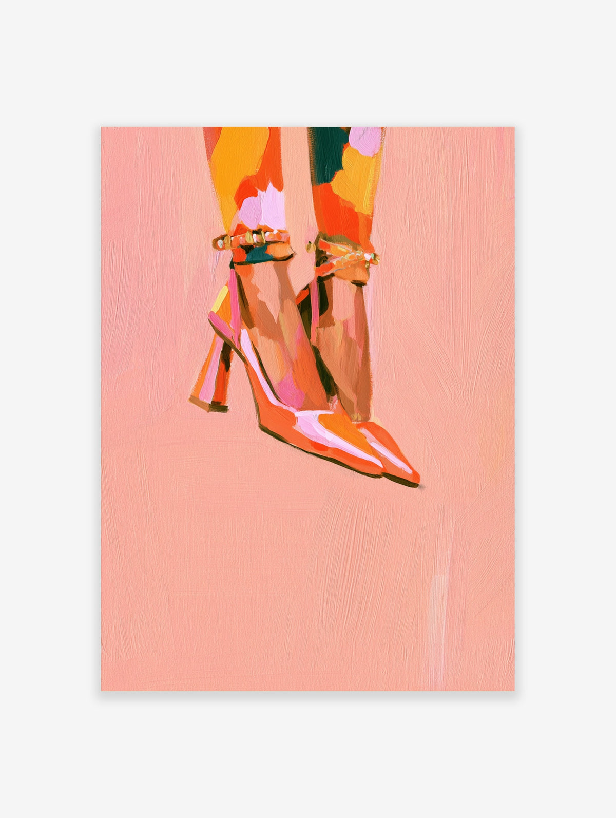 Fashion illustration of orange stiletto heels with jewelled ankle straps on a pink background