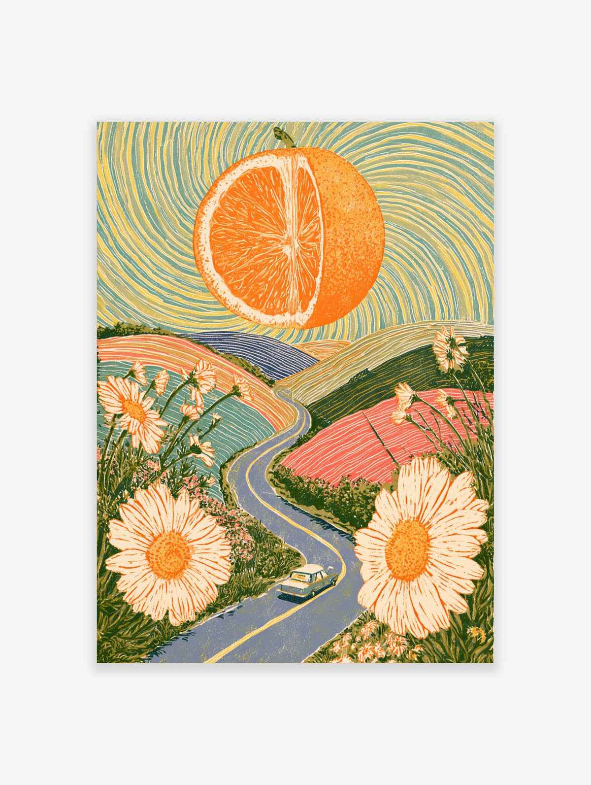 Surreal landscape poster with giant orange sun, winding blue road, white car, and daisies