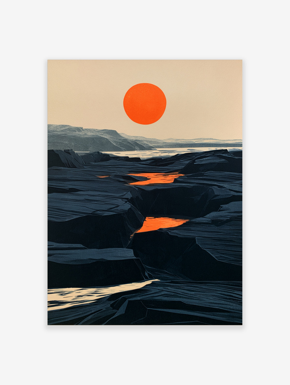 Minimalist landscape art print with a bold orange sun over a dark, rocky canyon terrain in blue and orange