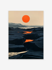 Minimalist landscape art print with a bold orange sun over a dark, rocky canyon terrain in blue and orange