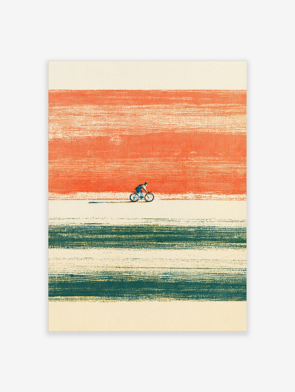 Minimalist cycling poster with a lone cyclist on a white path against an orange sunset and green landscape bands