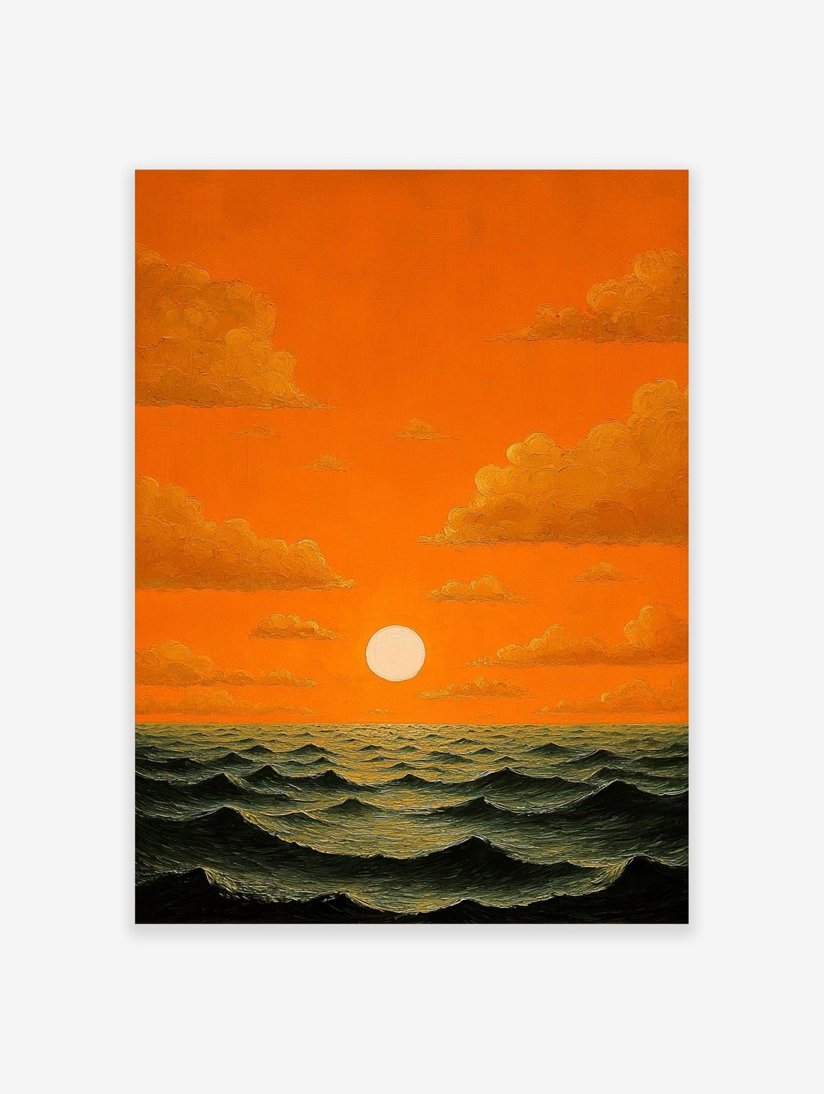 Dramatic orange sunset over dark wavy ocean with bright white sun and golden clouds, oil painting style