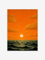Dramatic orange sunset over dark wavy ocean with bright white sun and golden clouds, oil painting style