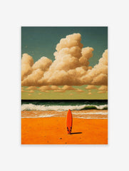 Orange surfboard standing on sandy beach with green waves and cloudy sky in painterly style