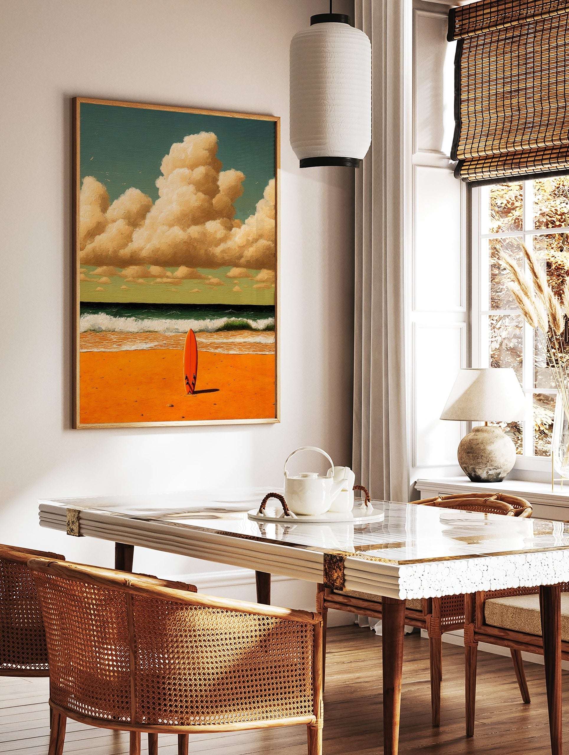 Orange surfboard standing on sandy beach with green waves and cloudy sky in painterly style, in a styled room mockup