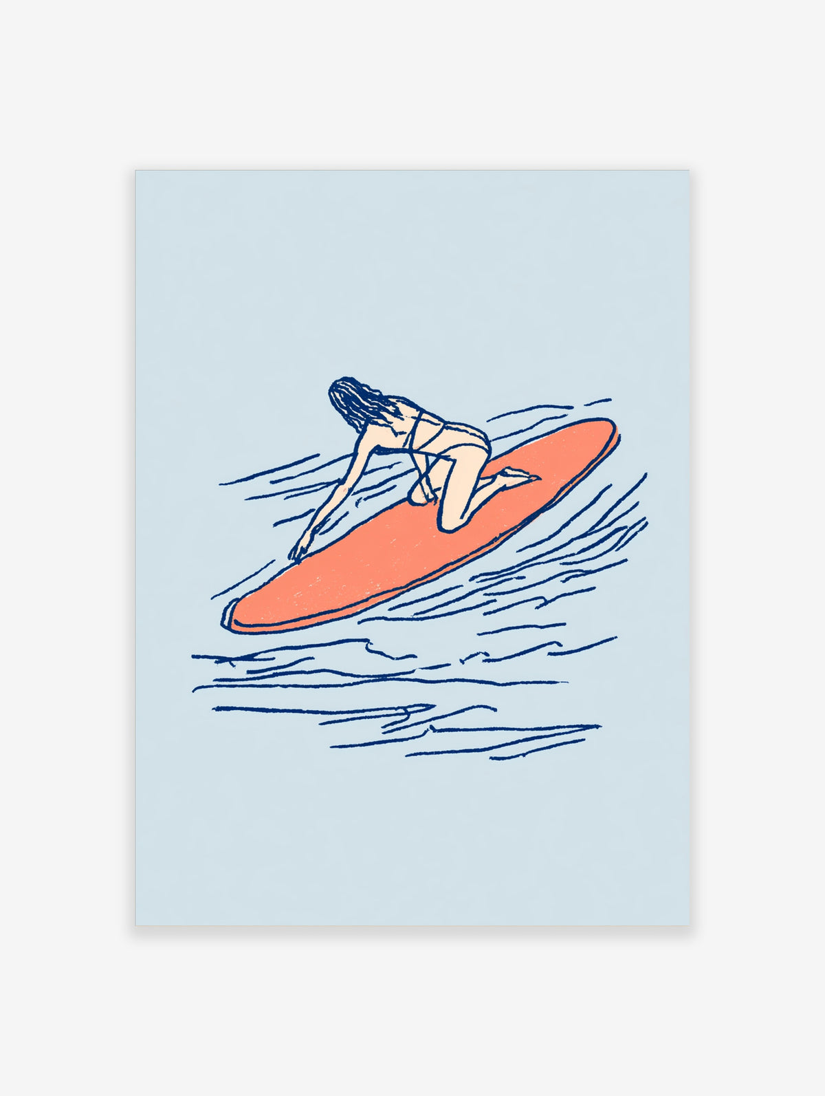 Orange surfboard art print with female surfer kneeling on coral board and blue wave lines
