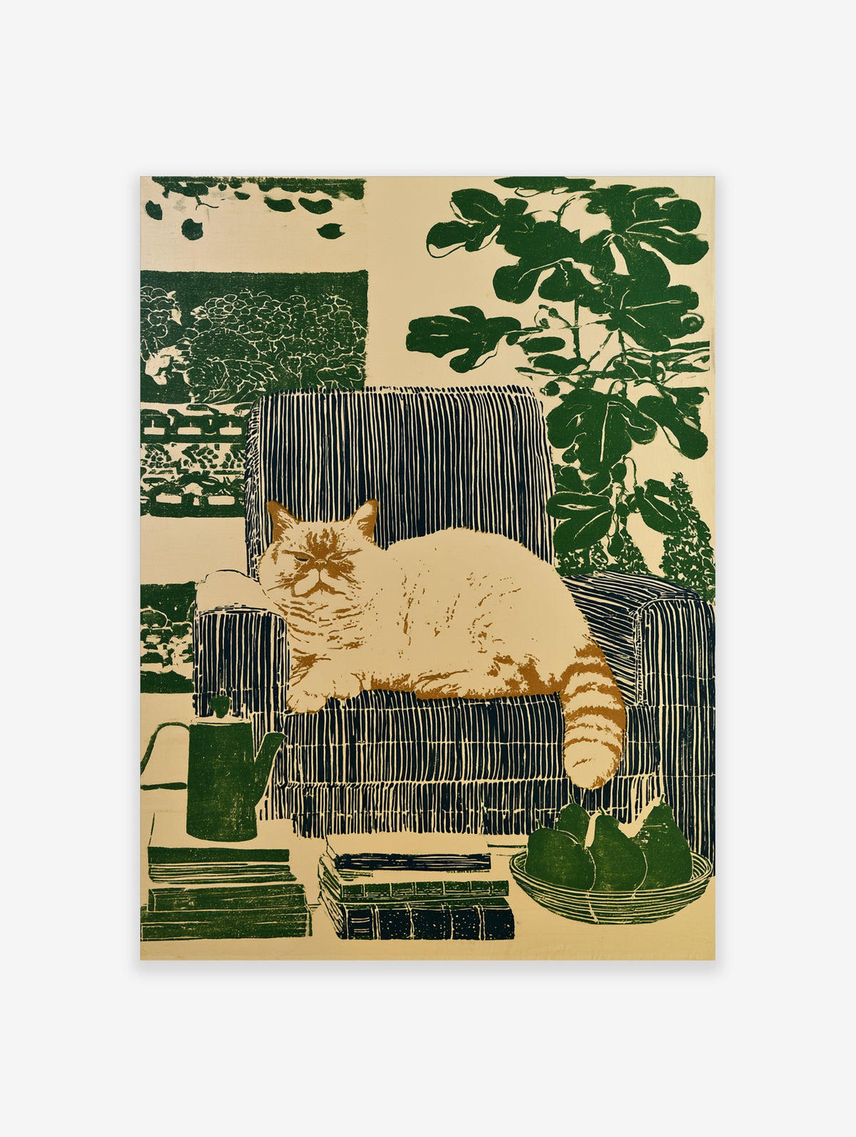 Orange tabby cat on striped armchair with green plants and watering can art print