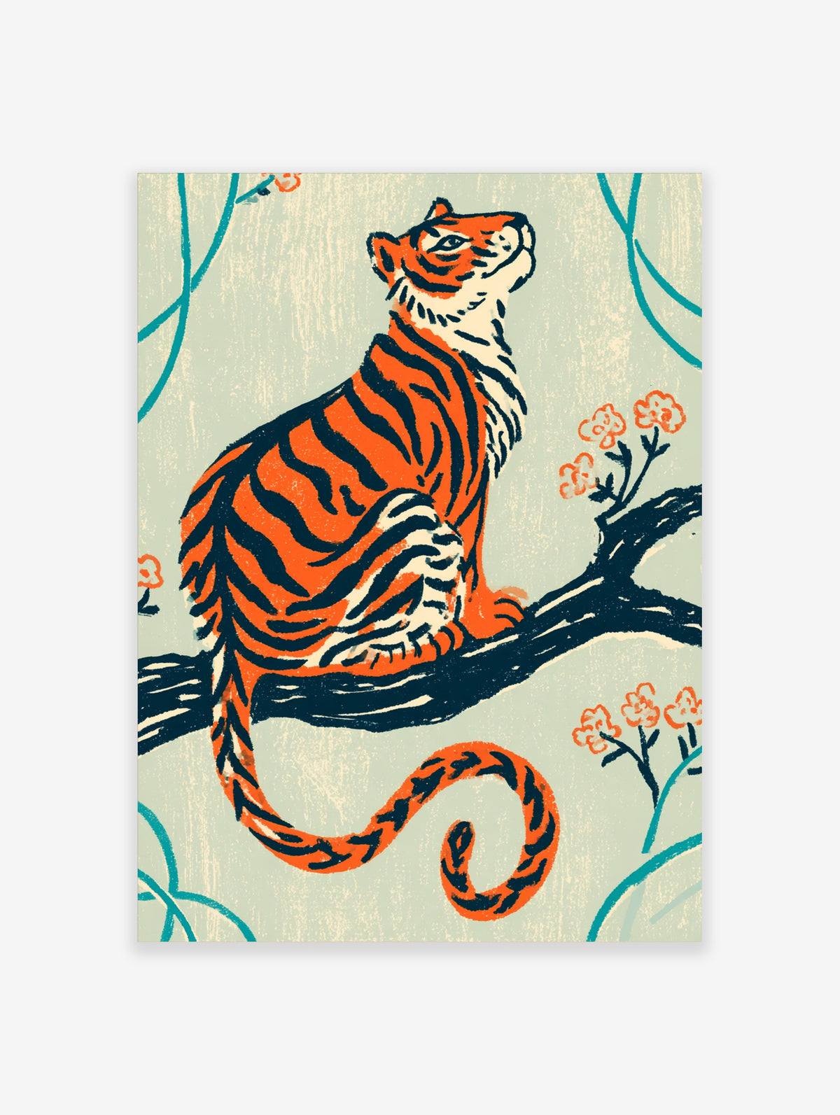Orange tiger with black stripes sitting on a branch, pale green background with teal vines and coral flowers