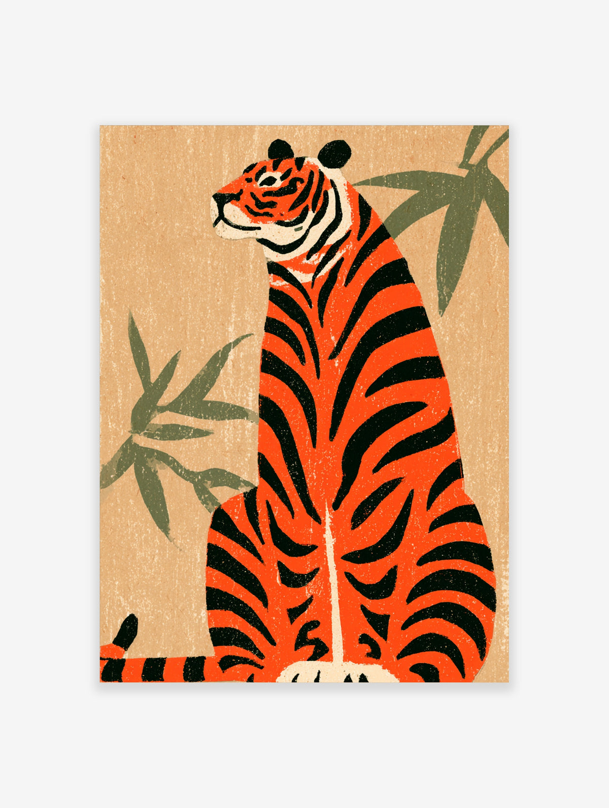 Orange tiger with black stripes seated beside green bamboo leaves on a tan background