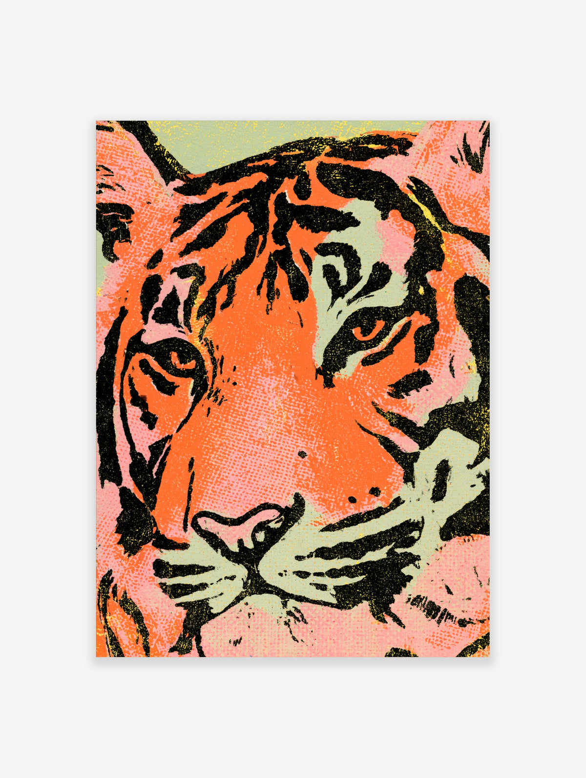 Orange tiger face close-up art print with black stripes and pink green accents