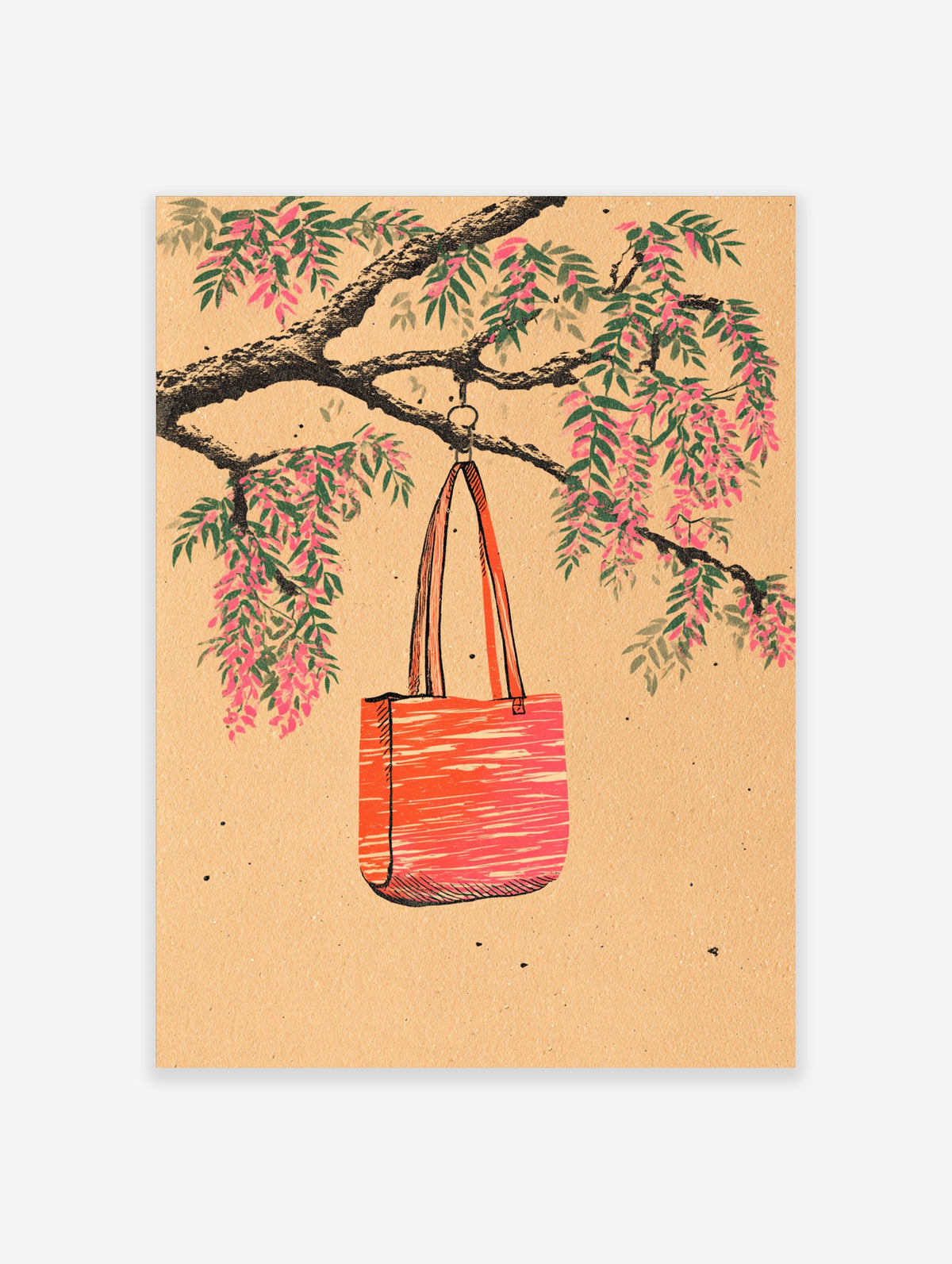 Orange tote bag hanging from a branch with pink blossoms and green leaves on a beige background