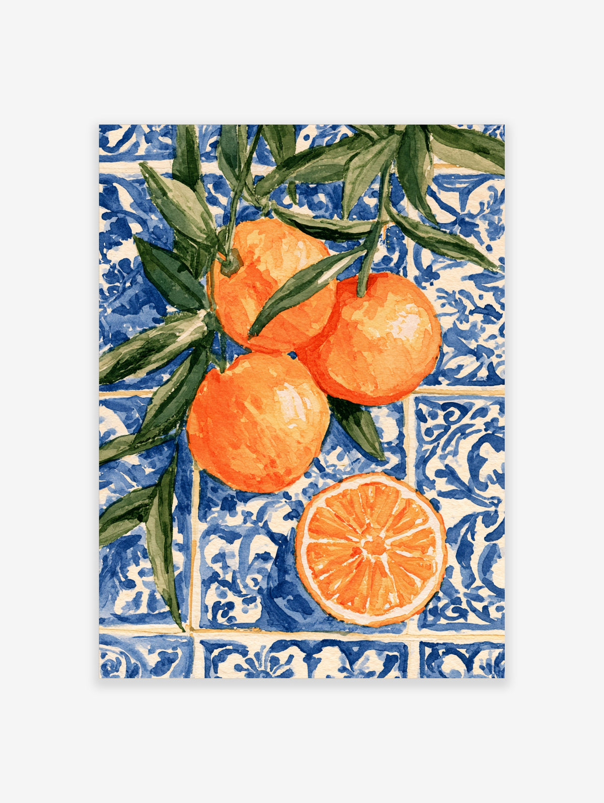 Watercolour orange branch with three fruits and a sliced half on blue and white patterned tiles
