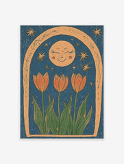 Illustrative print of three orange tulips, a smiling moon, and stars within a textured arch on a blue background