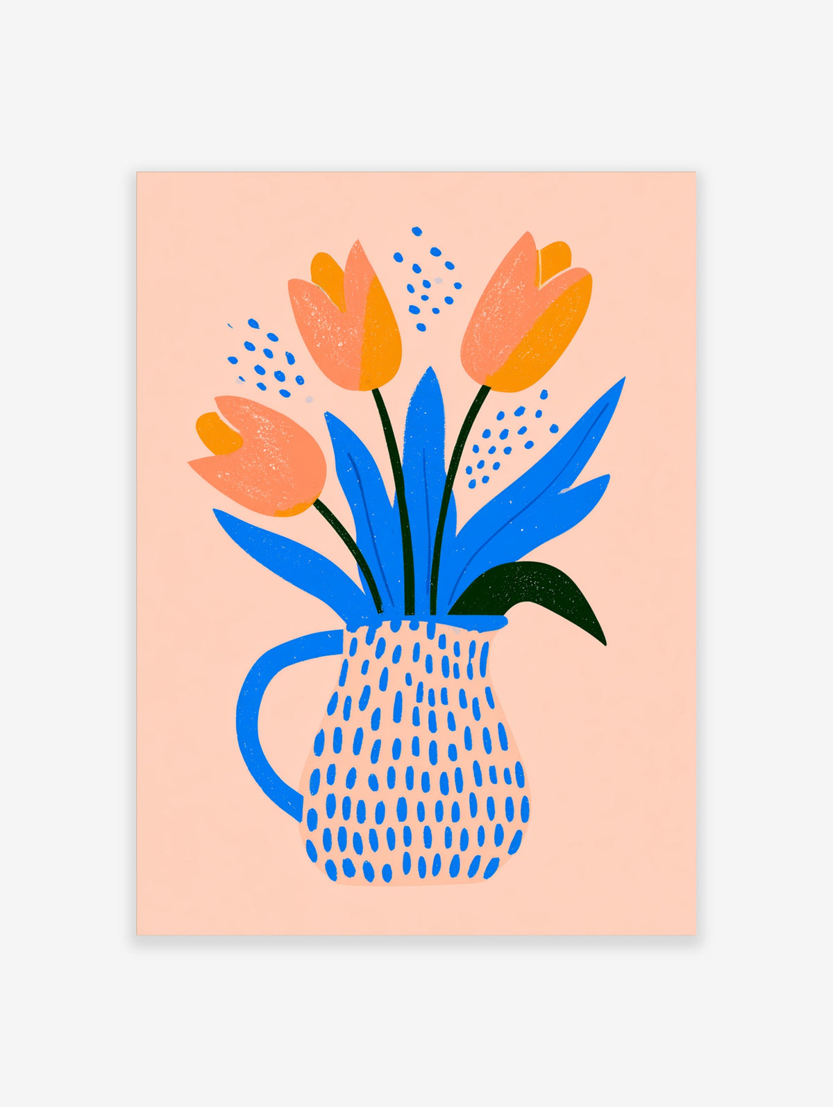 Orange tulip flower poster with blue leaves and patterned vase on peach background