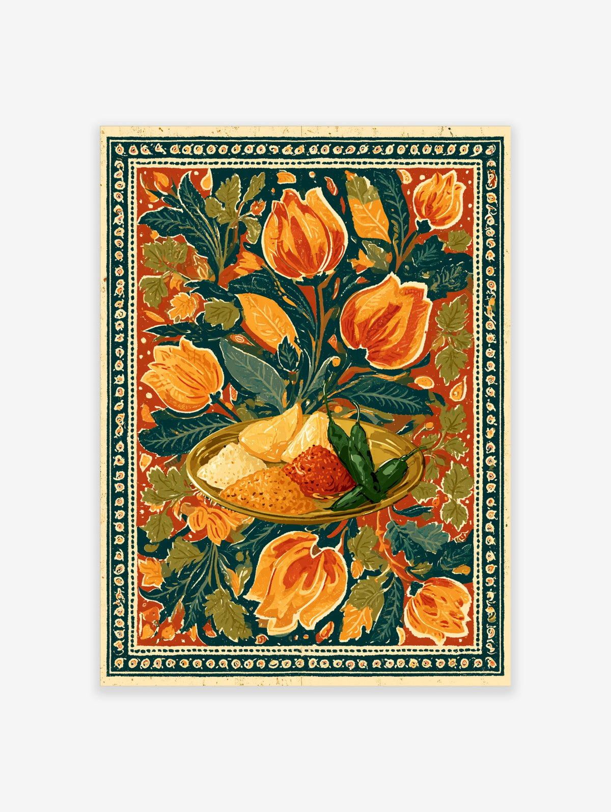Orange tulip botanical art print with lemons, chillies and spices on a red and green floral background