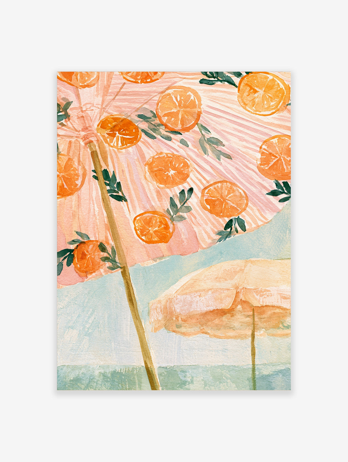 Watercolour orange umbrella wall art with citrus slices and green leaves on pink and blue background
