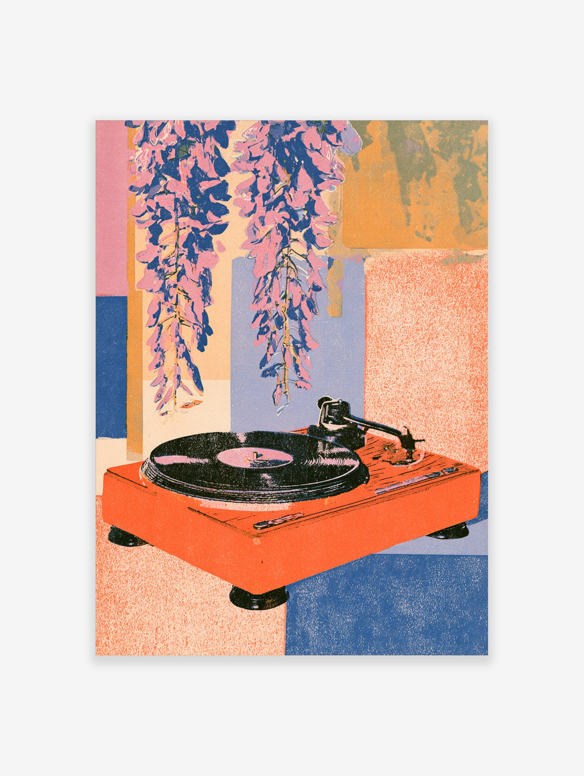 Orange turntable with black vinyl record and pink wisteria flowers on a colour-blocked retro poster
