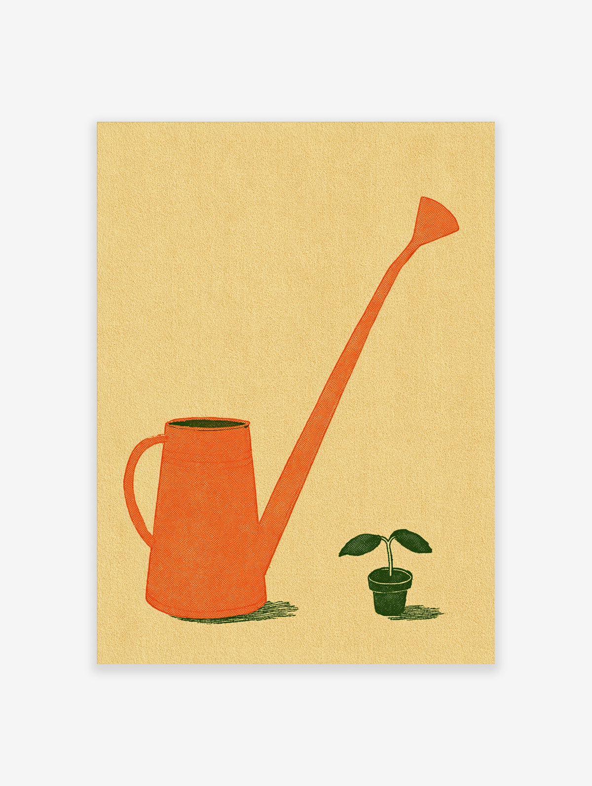 Minimalist orange watering can and small potted plant art print on beige background
