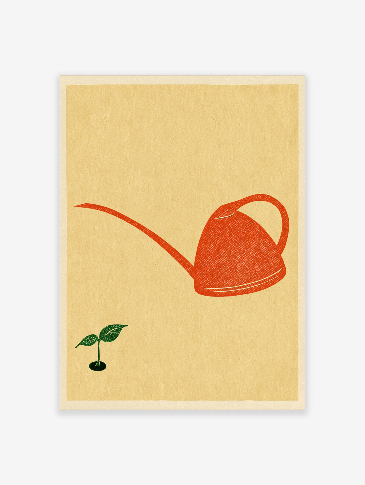 Minimalist orange watering can and green seedling art print on beige background
