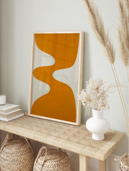 Orange wavy abstract shape on a white background, minimalist modern art print, in an alternate framed mockup