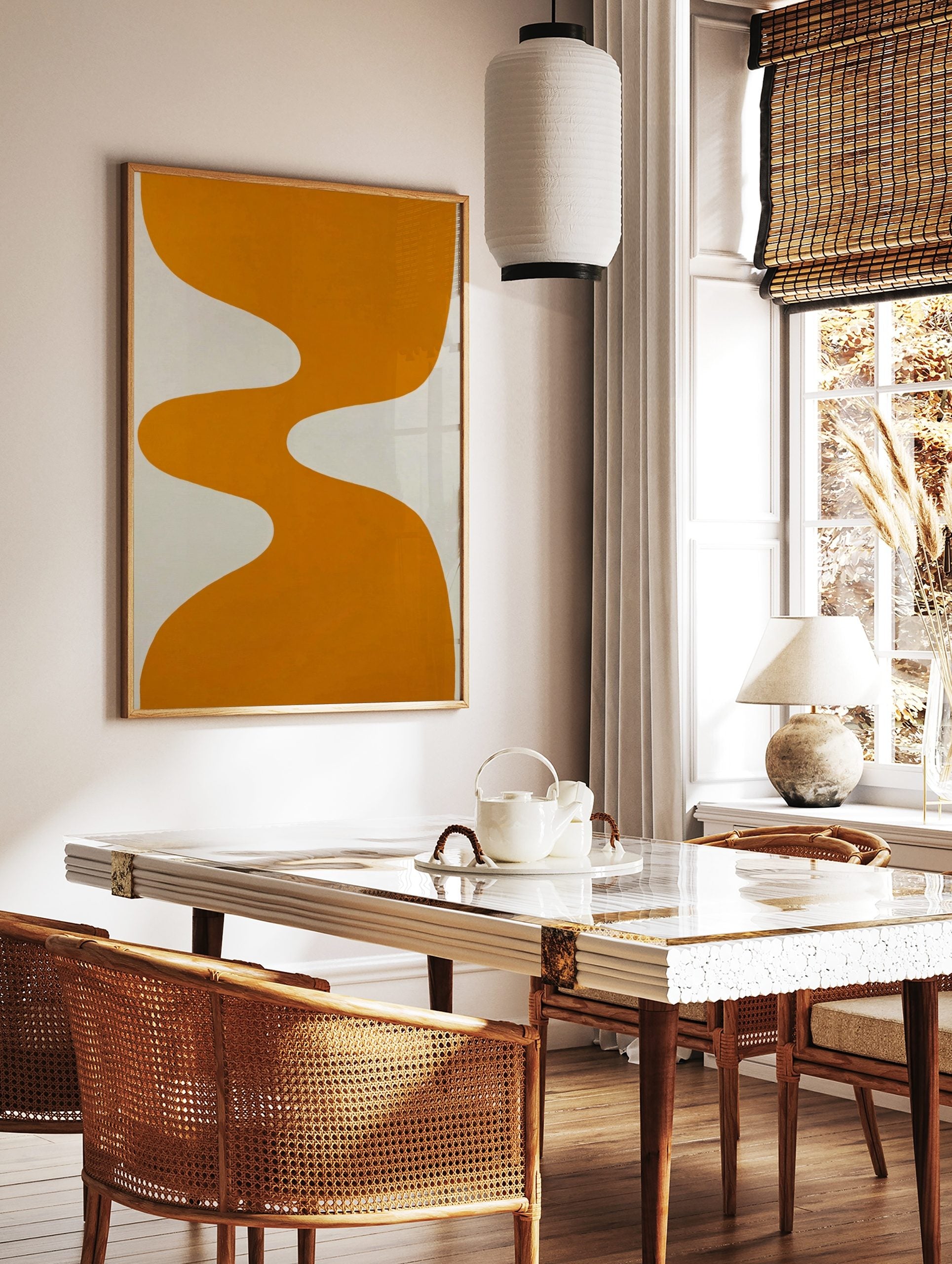 Orange wavy abstract shape on a white background, minimalist modern art print, in a styled room mockup