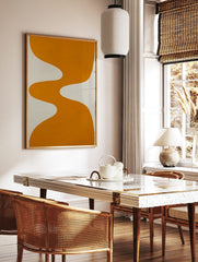 Orange wavy abstract shape on a white background, minimalist modern art print, in a styled room mockup
