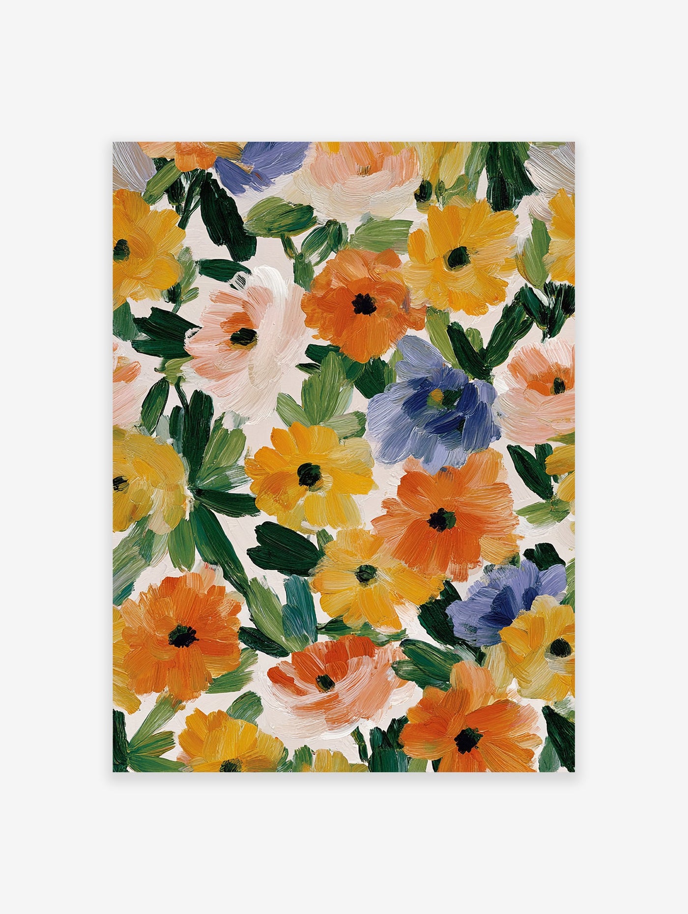 Abstract floral painting featuring orange, yellow, and blue flowers with green leaves on a light background.
