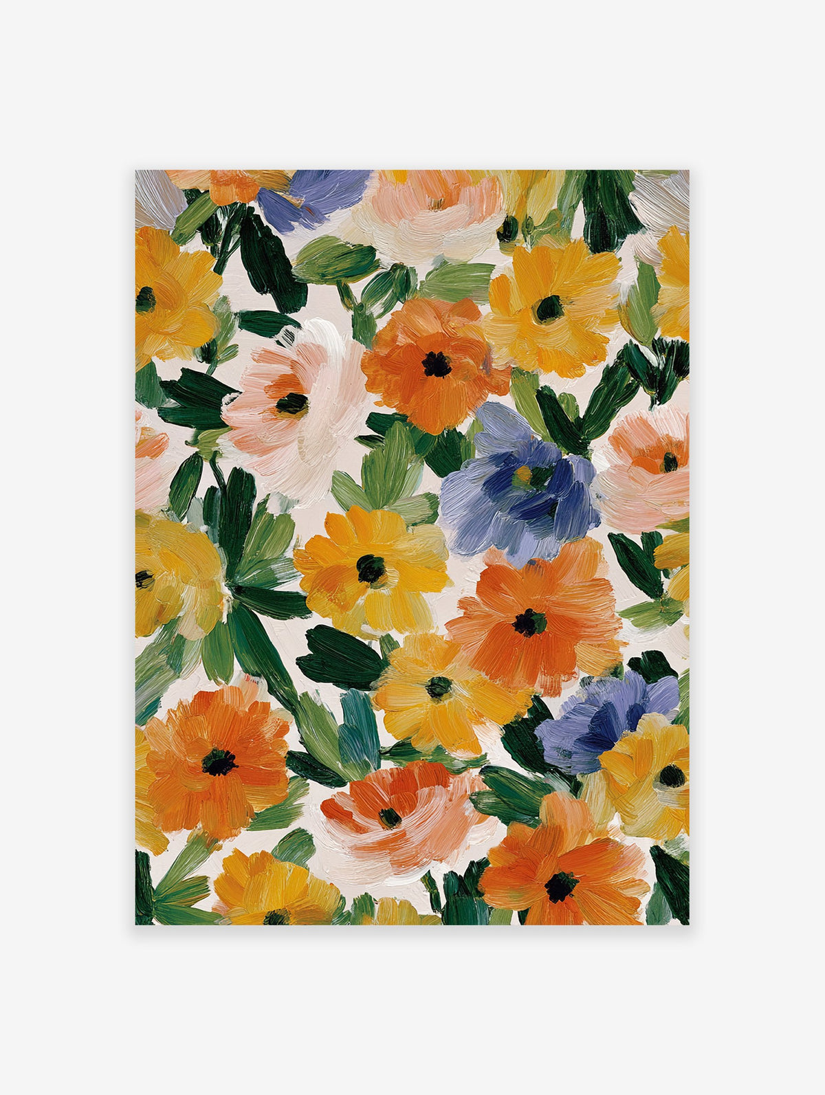 Abstract floral painting featuring orange, yellow, and blue flowers with green leaves on a light background.
