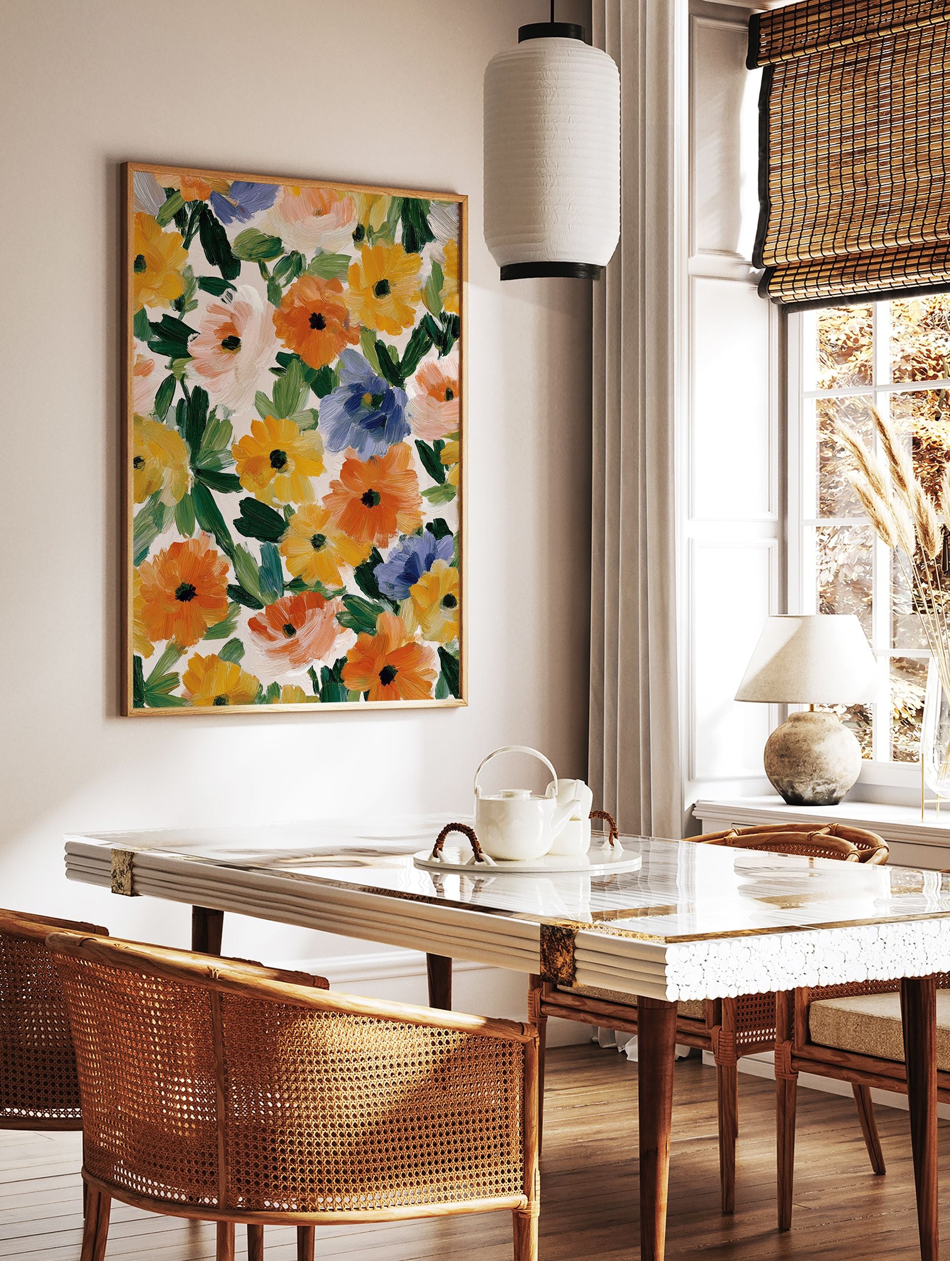 Abstract floral painting featuring orange, yellow, and blue flowers with green leaves on a light background. - Image 2