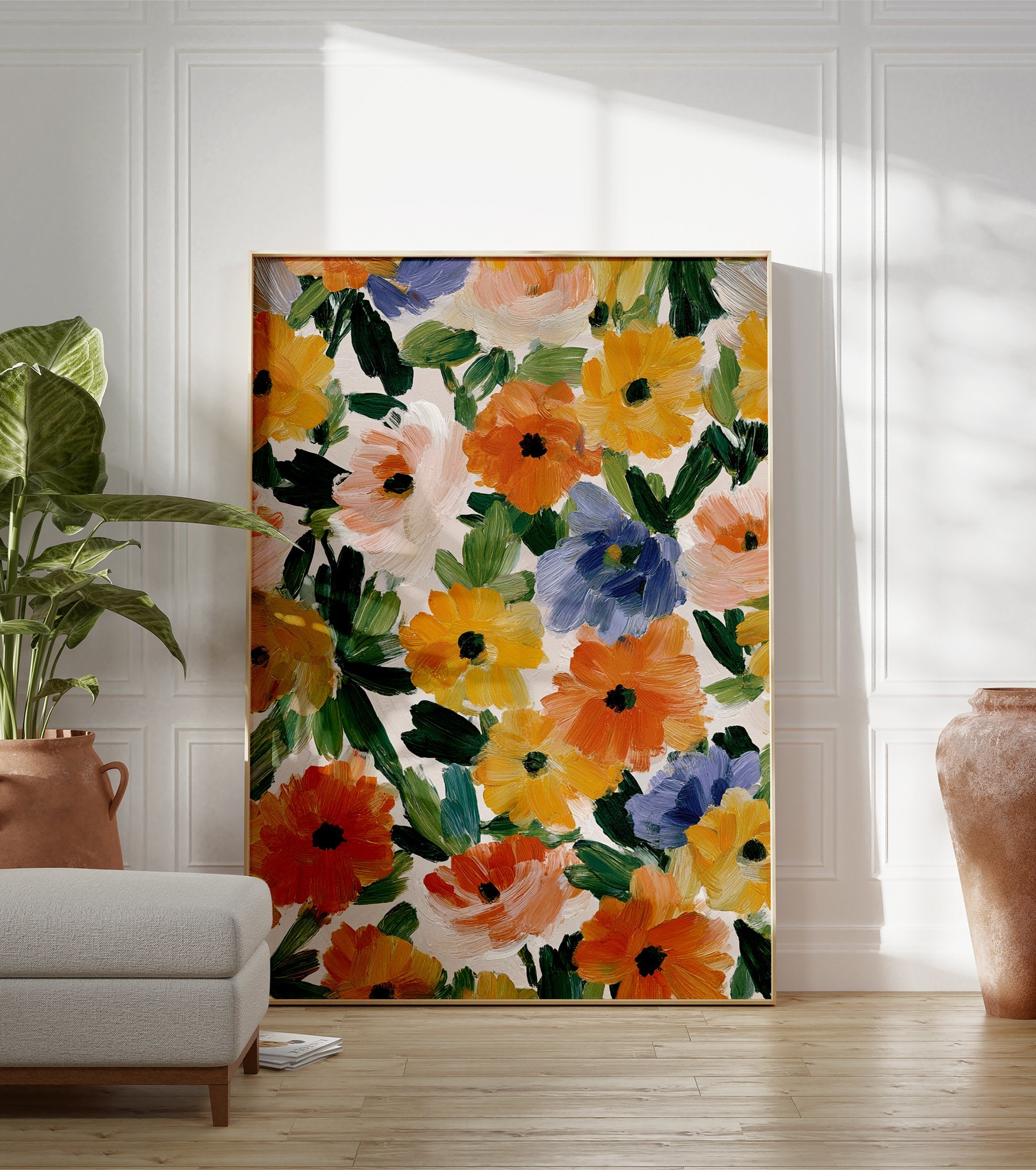 Abstract floral painting featuring orange, yellow, and blue flowers with green leaves on a light background. - Image 3